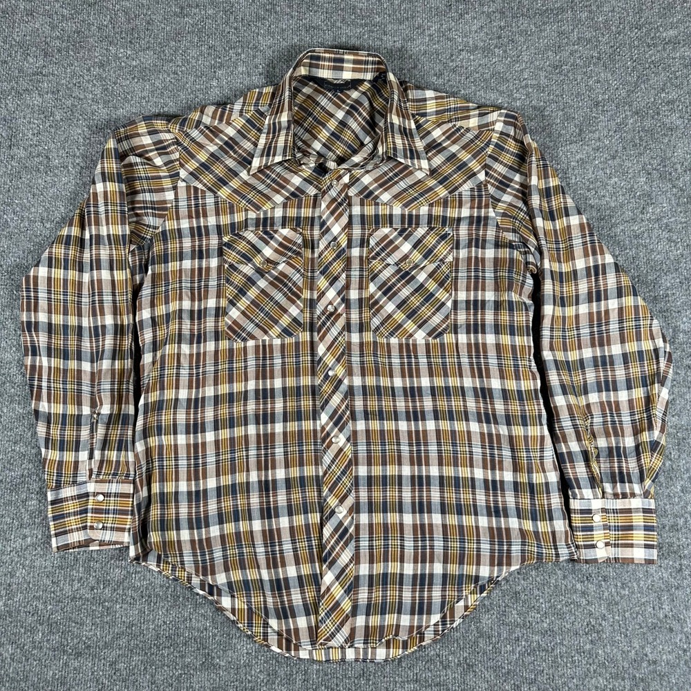 Career Club Button Down Mens Size L Brown Plaid Western Pearl Snap Long Sleeve